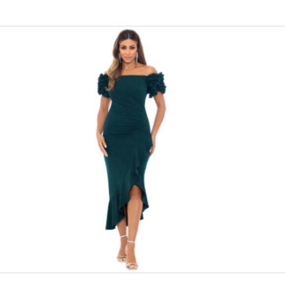 Xscape Petite Off-the-Shoulder Ruffle-Sleeve MIDI Dress - Pine - Picture 1 of 4